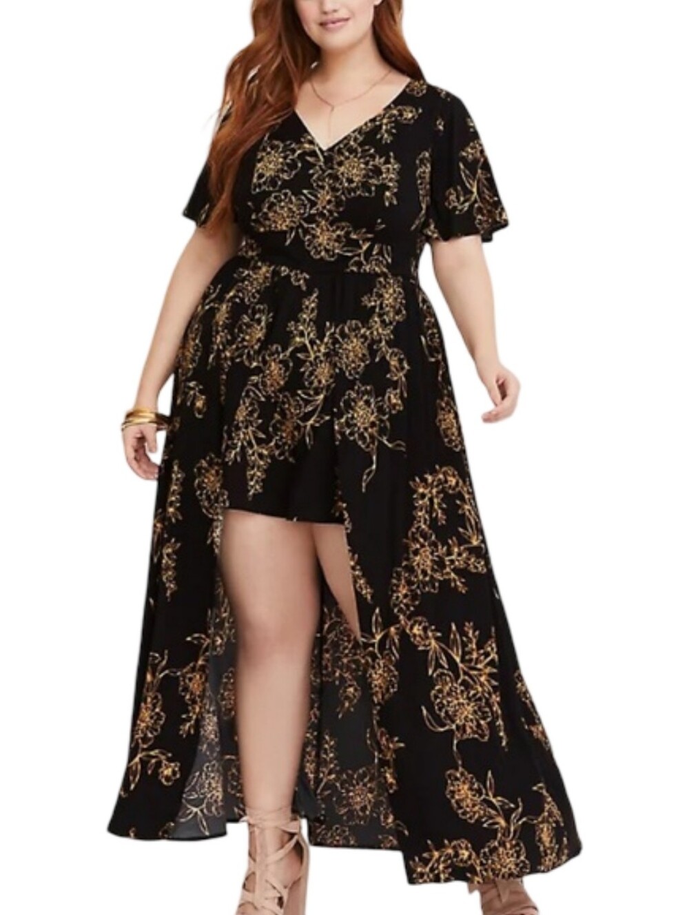 torrid Black High-Low Maxi Overskirt Romper Dress Gold Floral Print Plus Size 18